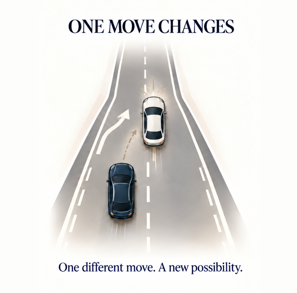 One car changes its movement on a merging road, creating the possibility of a different outcome.
