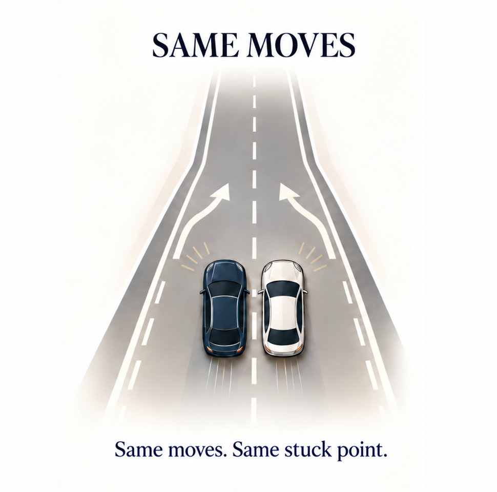 Two cars repeating the same movements on a merging road, leading to the same stuck point.